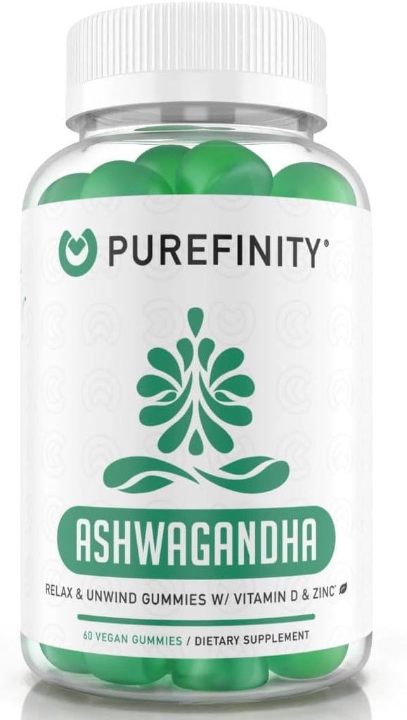 PUREFINIDAD Gummies de Ashwagandha con vitamina D & Zinc – Suplemento para la relajación, la calma y el apoyo a los moods – Gluten Free, Non-GMO, Vegan, 60 Conde