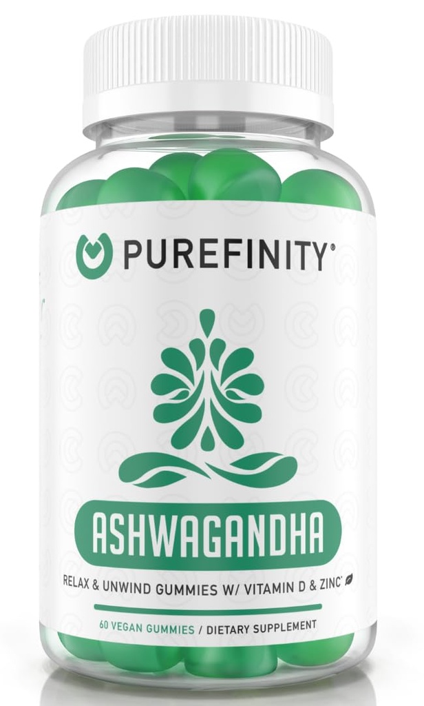 PUREFINIDAD Gummies de Ashwagandha con vitamina D & Zinc – Suplemento para la relajación, la calma y el apoyo a los moods – Gluten Free, Non-GMO, Vegan, 60 Conde
