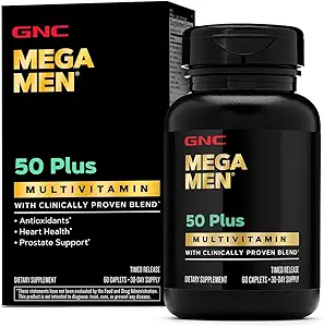 GNC Mega Hombres 50 más cápsulas multivitamínicas, salud clínica, cardiopatía y próstata, vitaminas B, Saw Palmetto, memoria, vitamina D-3, 60 cuentan