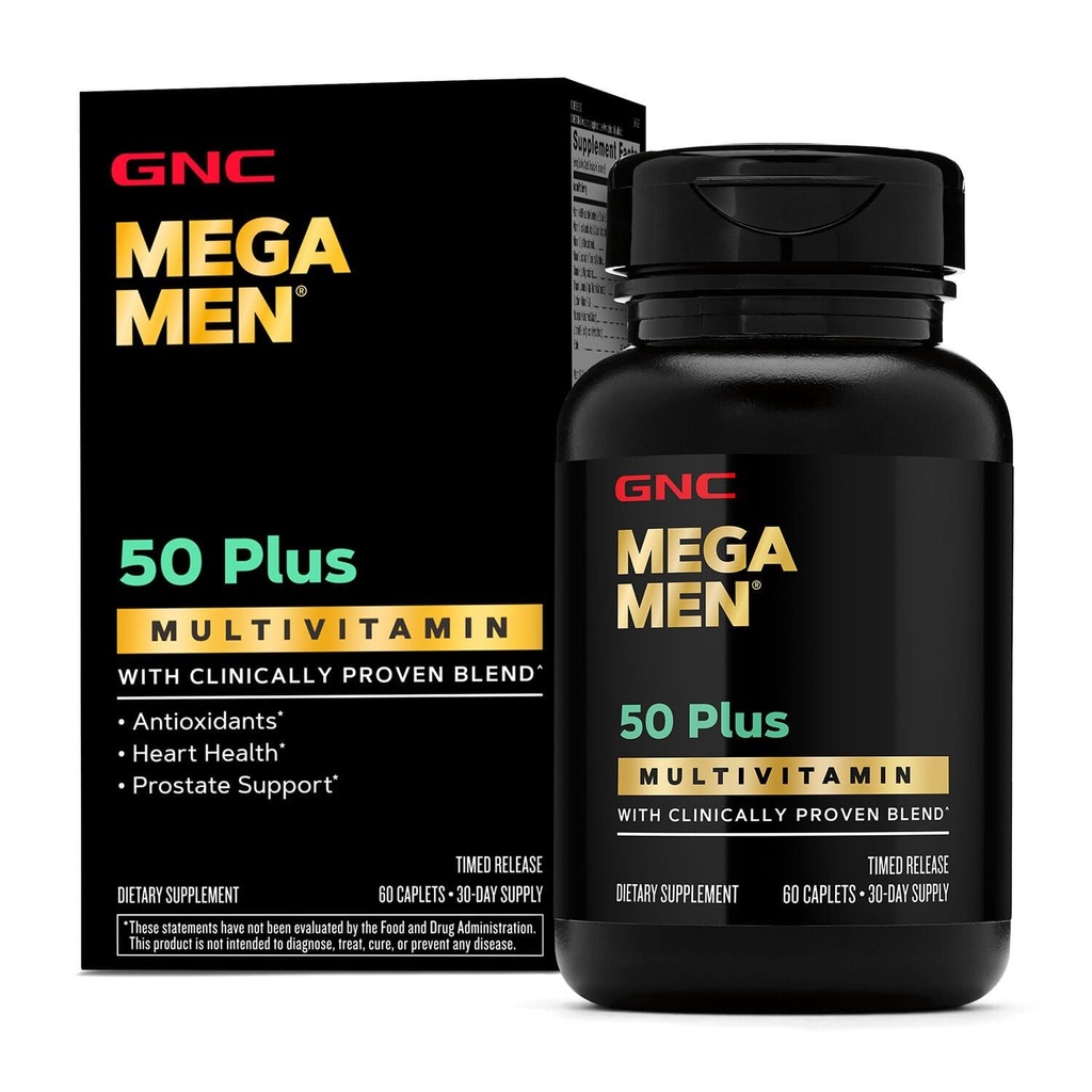 GNC Mega Hombres 50 más cápsulas multivitamínicas, salud clínica, cardiopatía y próstata, vitaminas B, Saw Palmetto, memoria, vitamina D-3, 60 cuentan