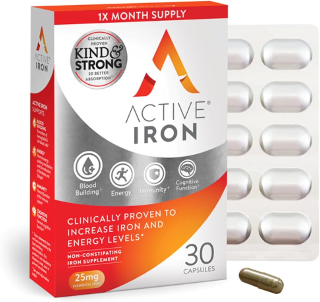 Suplemento activo de hierro 25 mg – Probado clínicamente para aumentar los niveles de energía de hierro – suave, no estreñido, altamente absorbido – 30 cápsulas
