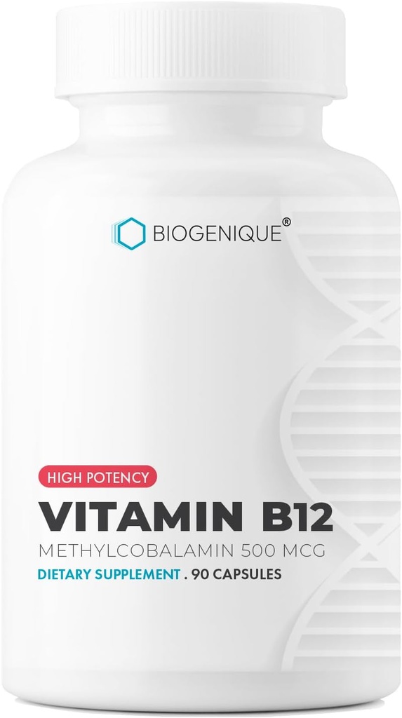Vitamina B12 - como Metilcobalamina apoya el metabolismo energético, la salud del sistema nervioso, la función de células sanguíneas y la metilación - no OGM, libre de gluten, suplemento de vitamina, 90 cápsulas