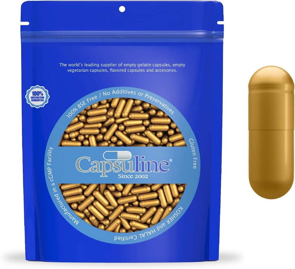 Capsuline Size 0 - Colored Gold Empty Gelatin Capsules - 1000 Count - Empty Gel Pill Capsules - DIY Pure Bovine Pill Capsule Filling - Empty Caps - Kosher y Halal Certified