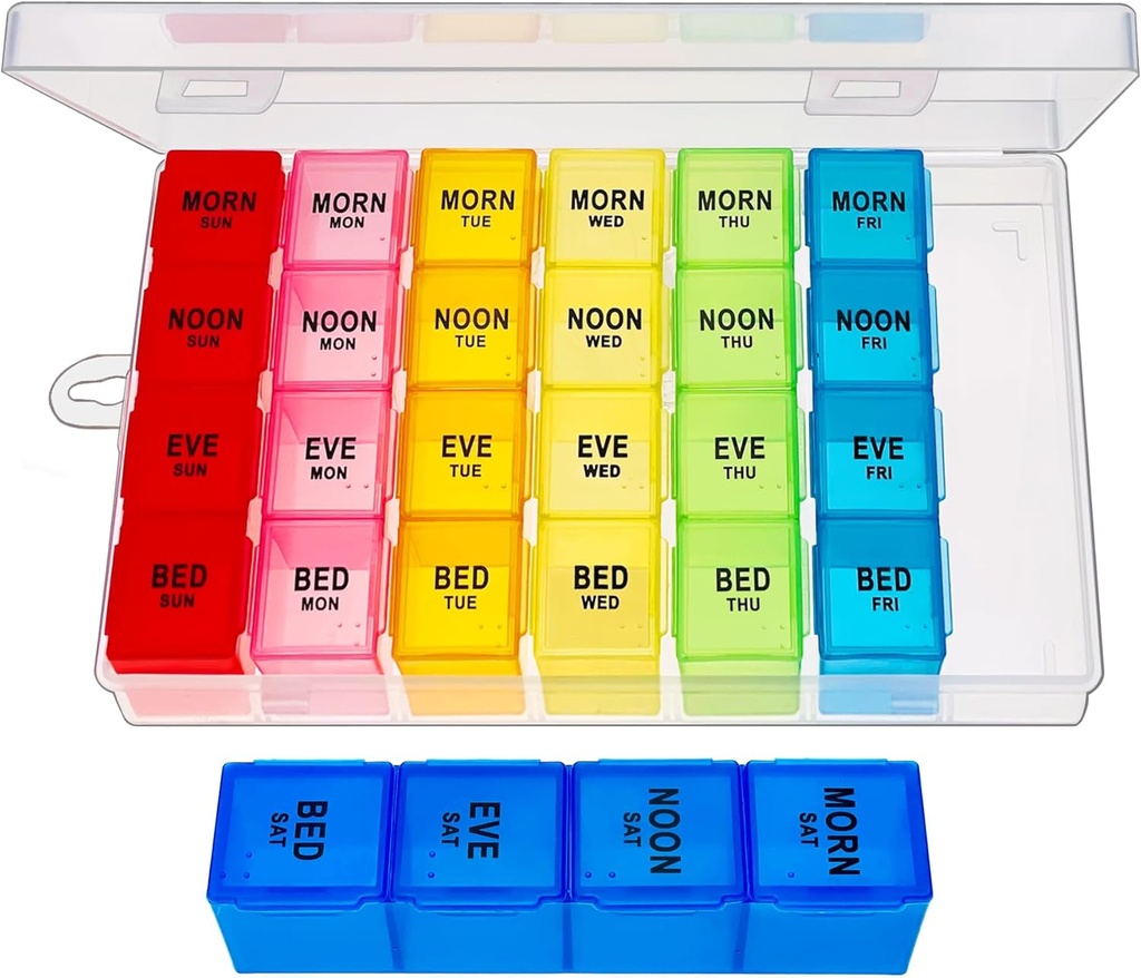 Organizador semanal de píldoras 4 veces al día, Caja de Organizador de Medicina, Caja de Píldora de Viajes Organizador diario 7 días, Caso de Píldora, Fichero de Contenedor de Píldoras para Mantener Vitaminas/Aceites de Pesca.