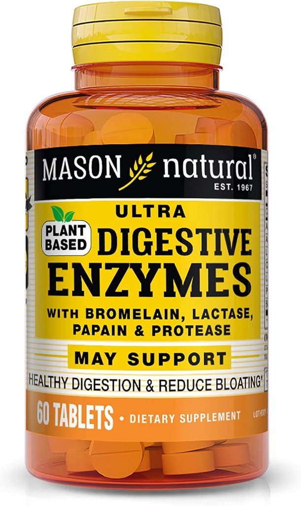 MASON NATURAL Plant Based Ultra Digestive Enzymes with Bromelain, Lactase, Papain &amp; Protease - Supports Healthy Digestion &amp; May Reduce Bloating, 60 Capsules