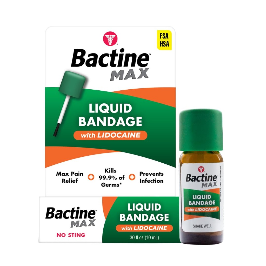 Bactine MAX Liquid Bandage with Lidocaine, Wound Cleaning Solution That Kills 99% of Germs, Covers and Protects Skin, Fast-Drying Protective Seal, 0.30 fl oz