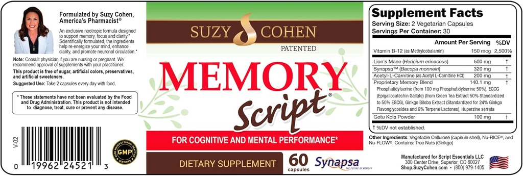 Suzy Cohen Memory Script with Lions Mane, Phosphatidylserine, Green Tea Extract and Ginkgo - Brain Support Supplement for Focus - Nootropic Capsules for Cognition, Faster Recall and Mood