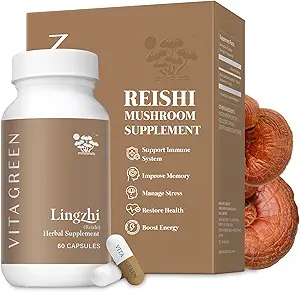 Vita Green Lingzhi Mushroom Suplemento - Immune Support &amp; Natural Energy Capsules - Red Reishi Mushroom Powder - Pure 5 Defenders Blend - 60 cápsulas