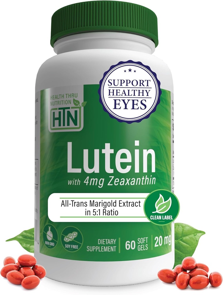 Lutein 20mg con Zeaxanthin 4mg 60 Softgels tención All-Trans Marigold Extracto en la naturaleza Identical 5:1 Ratio ← Soporta Ojo Saludable, Esquí y Cerebro ← No GMO Soy &amp; Gluten Free ← Salud Thru Nutrition