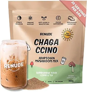 Renude Chagaccino - Chaga Mushroom Powder, Mushroom Coffee Drink Mix with Adaptogens, Natural Energy and Immune Support, Vegan, Keto, Zero Calorie Mushroom Blend Powder - 30 Servimientos