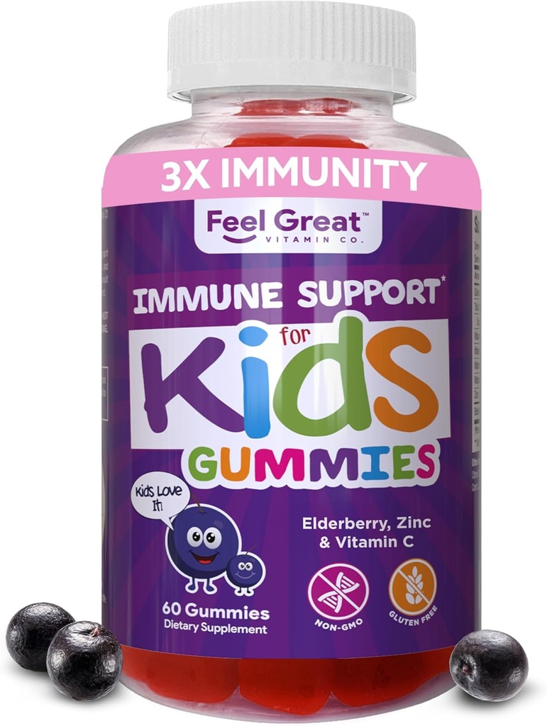 Feel Great Immune Support for Kids ← Vitamin C Zinc &amp; Elderberry Gummies ← Sambucus Nigra Immunity Multivitamin ← Vegetarian ← 60 Day Supply