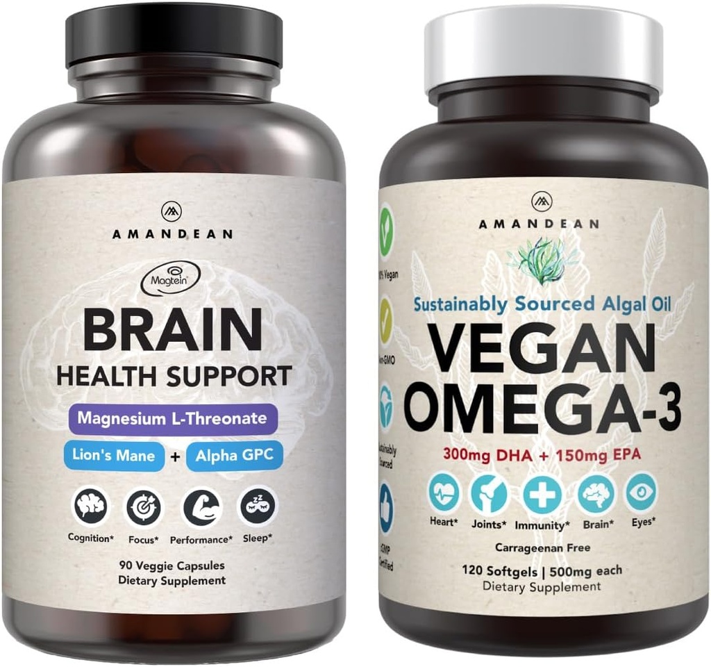 AMANDEAN Brain & Vegan Omega-3 Bundle: Magnesium Threonate, USA-Grown Lion's Mane 6:1, Alpha-GPC & Algae DHA/EPA. Grasas esenciales de base vegetal para la salud cerebral, del ojo, del corazón. Fish Oil Alternative.