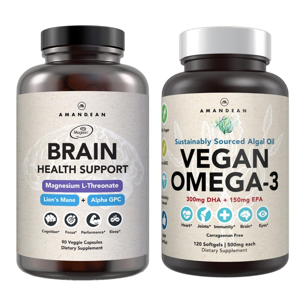 AMANDEAN Brain & Vegan Omega-3 Bundle: Magnesium Threonate, USA-Grown Lion's Mane 6:1, Alpha-GPC & Algae DHA/EPA. Grasas esenciales de base vegetal para la salud cerebral, del ojo, del corazón. Fish Oil Alternative.