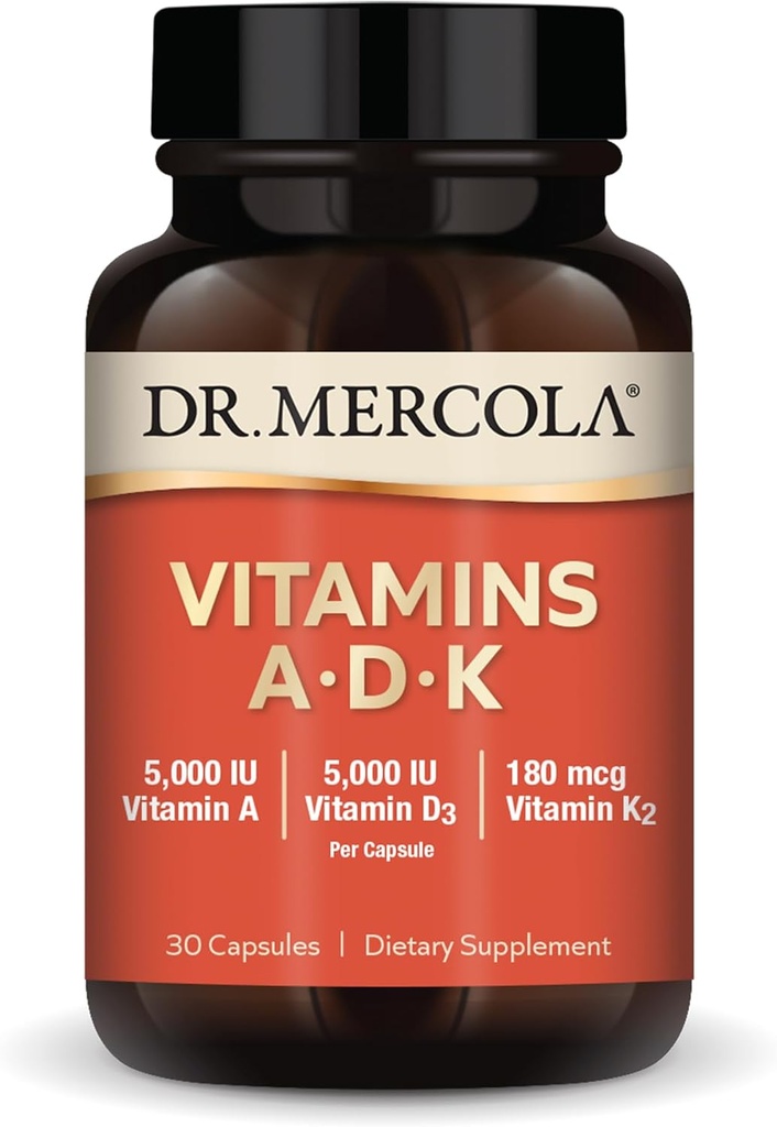 Dr. Mercola Vitaminas ADK, 30 Serviciones (30 cápsulas), Suplemento dietético, 5000 UI Vitamina A &amp; Vitamina D3, 180 mcg Vitamina K2, Soporta Salud Inmune, No GMO