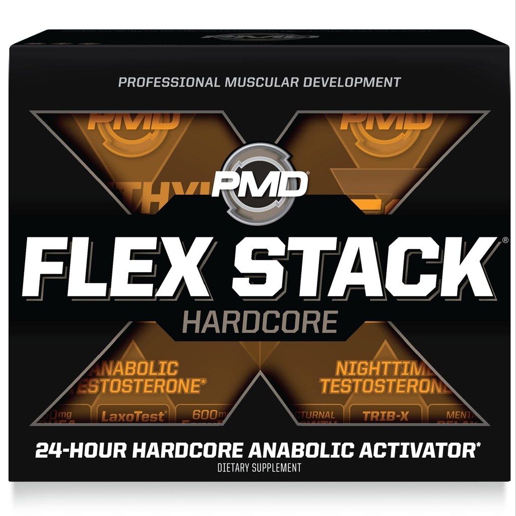 PMD Sports Flex Stack Hardcore 24-Hour Healthy Stack for increased Muscle Mass, Strength, Reduce Soreness, Libido y descanso - Methyl Andro Hardcore 90 cápsulas, Z-Test 90 cápsulas