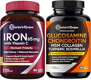 Recetas del médico Iron 65 mg " Glucosamine Chondroitin MSM Bundle, Niveles de hierro saludables " Juntas cómodas, Tablas de hierro 60 ct " Soporte conjunto Tabletas 90 ct