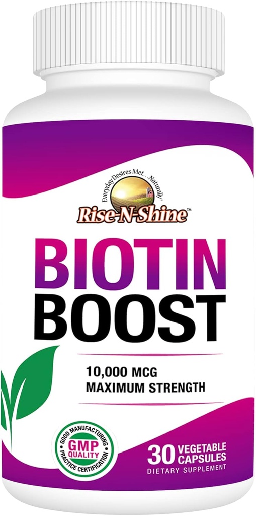 Rise-N-Shine Biotin Boost 10,000 mcg Biotin 10000 mcg para soportar el cabello, la piel, las uñas y las pestañas 30 Cuenta