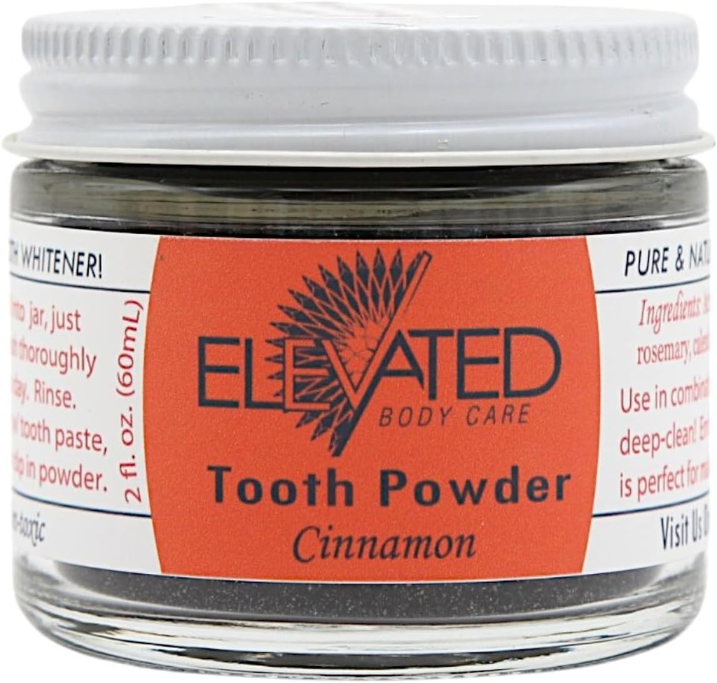 Elevated Tooth Powder Natural with Xylitol & Activated Charcoal • Herbal • Vegan • Stored in Glass Jar - Mint or Cinnamon - Made in USA (2 Ounces)