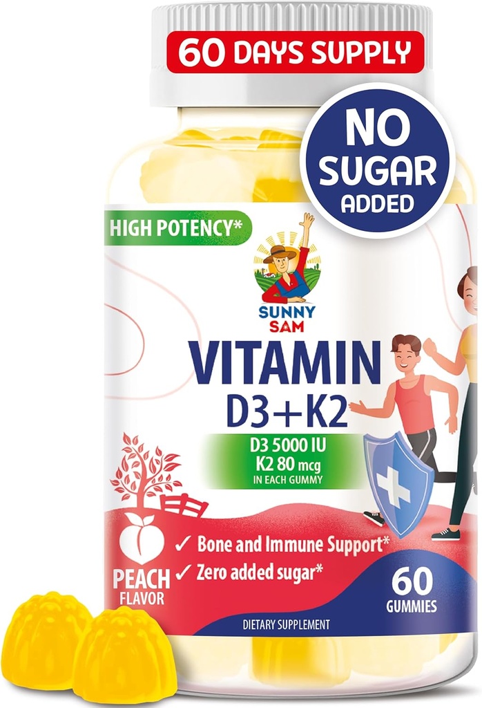 Vitamina libre de azúcar D3 K2 Gummies 5000 UI - Immune &amp; Bone Support Gummies - Vitamina D Gummy Suplemento para adultos - High-Absorption, Vegan, Halal, Vitaminas Chewable sin gluten