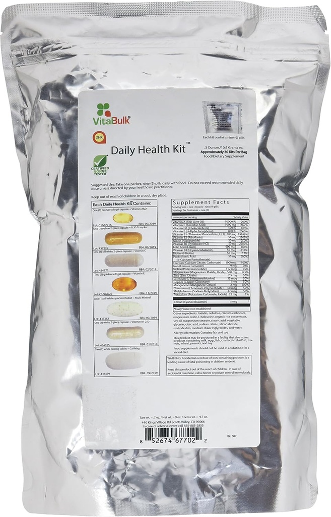 Vital Bulk Daily Health Kit Packet Multivitamins & Mineral 30 Count Box - Multivitamin for Men &amp; Women - Contiene Vitamina C 1000mg A D E K B Complex B12 Iron Calcium Magnesium &amp; Potassium Supplement