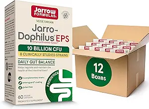 Jarrow Formulas Jarro-Dophilus EPS Probióticos 10 Billones CFU, Suplemento dietético para el apoyo al tracto intestinal, suplementos de salud de Gut para mujeres y hombres, 60 cápsulas de verduras, fuente de 30 días (Pack of 12)