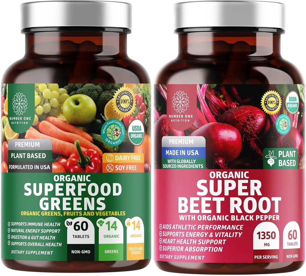 Número 1 Nutrición N1N Premium y Ecológico Superfood Greens y Beet Root Tablets for Immunity and Antioxidant Support, Packed with Alfalfa, Spirulina and Barley Grass, 120 Tablets