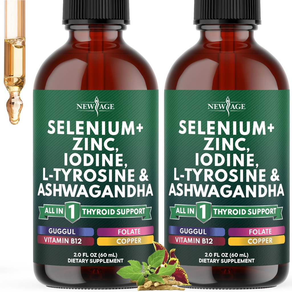 Thyroid Support Drops - Selenium, Zinc, Iodine, L Tyrosine, Ashwagandha, Turmeric, Schisandra Guggu, Cayenne, Basil - Liquid Supplement Folate Copper Alcohol -Free, Vegan, Non-GMO – 4 oz