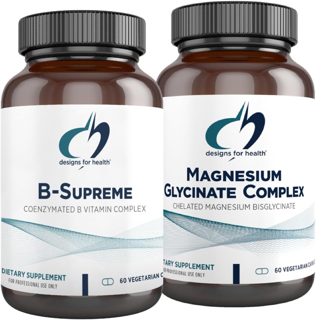 Diseños para Complejo Glycinate de Magnesio de Salud (60 cápsulas) & B-Supreme (60 cápsulas) Bundle - B Complejo de Vitamina con Suplemento de Magnesio de Alta Absorción