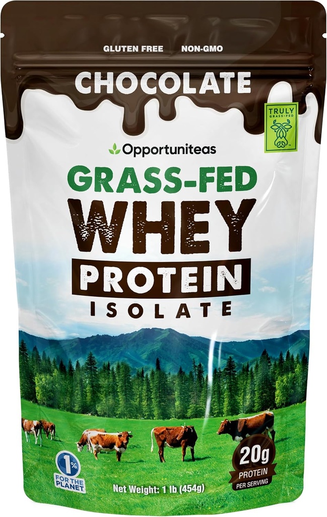 Opportuniteas Grass Fed Chocolate Whey Protein Isolate Powder - 20g Protein Powder Sin Sweeteners artificiales, Vacas Feliz sin hormonas, No GMO - 1lb