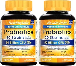 NewRhythm Probiotics 50 Billion CFU 20 Strains, 120 Veggie Capsules, Tecnología de liberación dirigida, resistente a los ácidos estomacales, sin necesidad de refrigeración, no GMO, Gluten Free