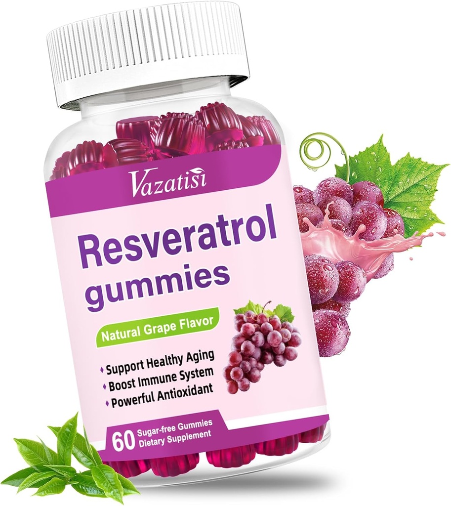 Gummies de Resveratrol de Alta Pureza, 98% Trans-Resveratrol con Quercetin, Coq 10, Vitamina C, Suplemento Reservatrol para Antioxidante, Anti-Aging, 60 Gummies