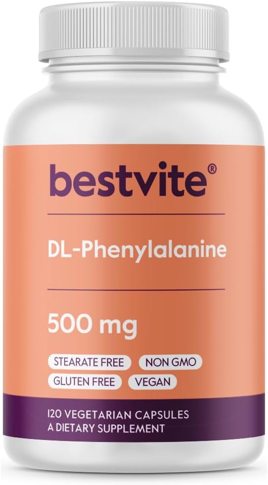 BESTVITE DL-Phenylalanine 500mg (120 cápsulas vegetarianas) - No Stearates - No Fillers - Vegan - Gluten Gratis - No GMO