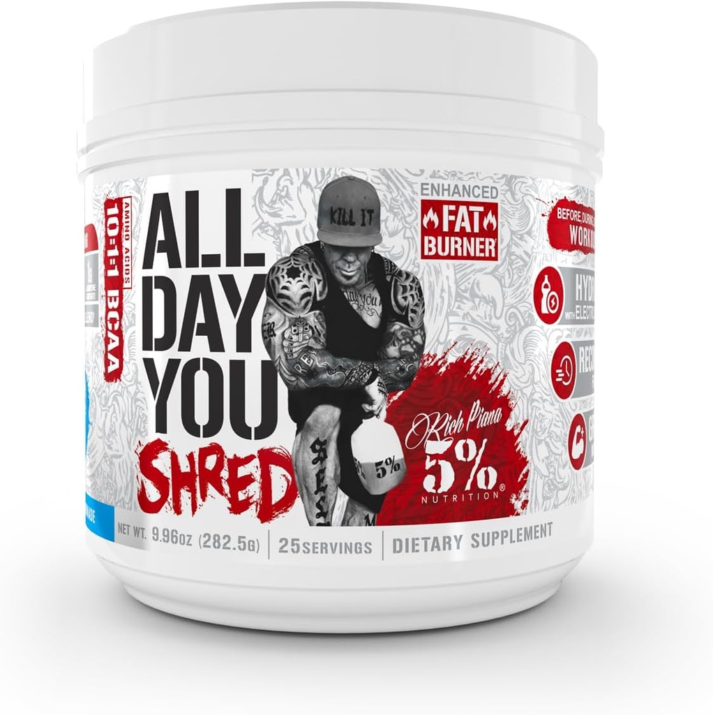5% Nutrición Rich Piana AllDayYou Shred BCAA Powder ← Suplemento de Aminoácidos para la pérdida de peso ← Elite Fat Burning Pre Workout for Energy, Hydration, Endurance & Recovery (Blueberry Lemonade)