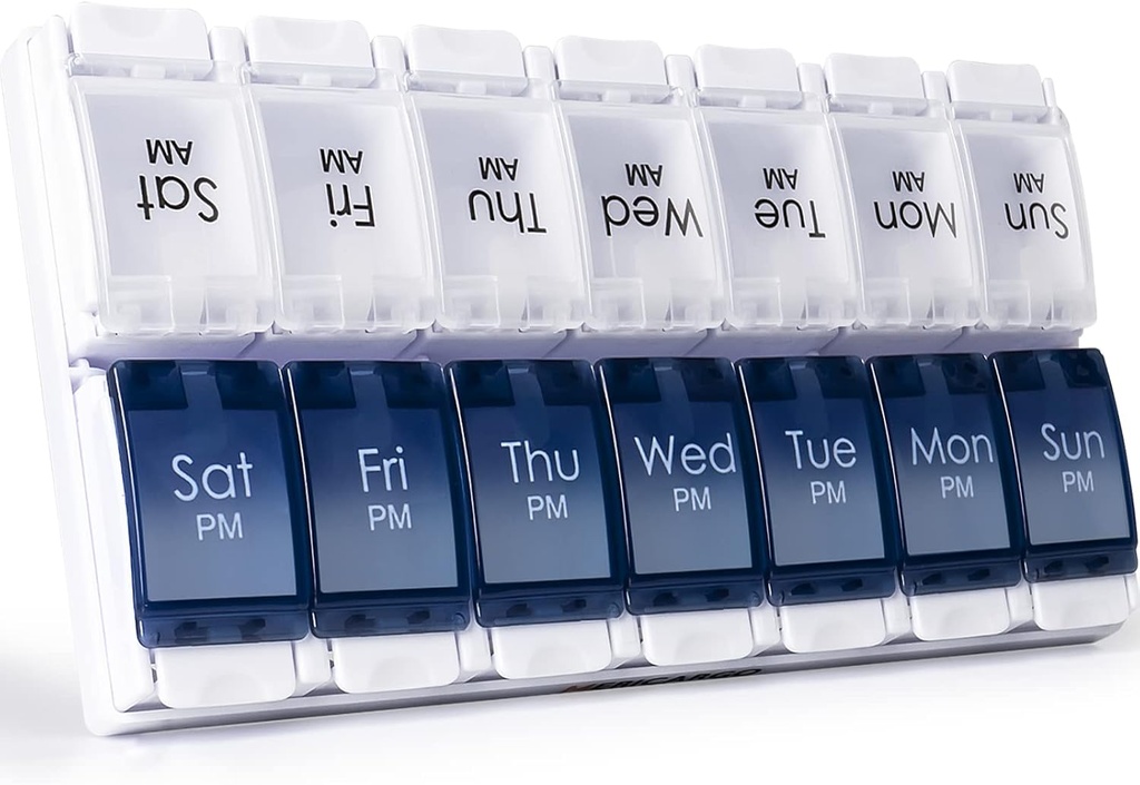 MERICARGO Am Pm Pill Organizer 7 Day, 2 Times a Day Large Weekly Pill Box, Push Button Daily Pill Case for Vitamin, Fish Oil, Supplements