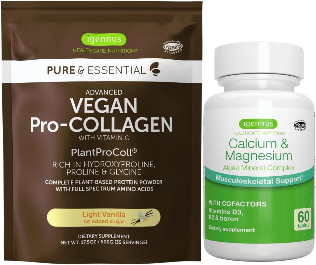 Vegan Vanilla Collagen Protein Powder + Calcio &amp; Magnesium Complex Bundle, Comprehensive Bone Support, by Igennus