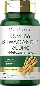 Carlyle KSM-66 Ashwagandha Capsules 600mg | 70 Count | with Melatonin 5mg | Potent Complex | Non-GMO, Gluten Free