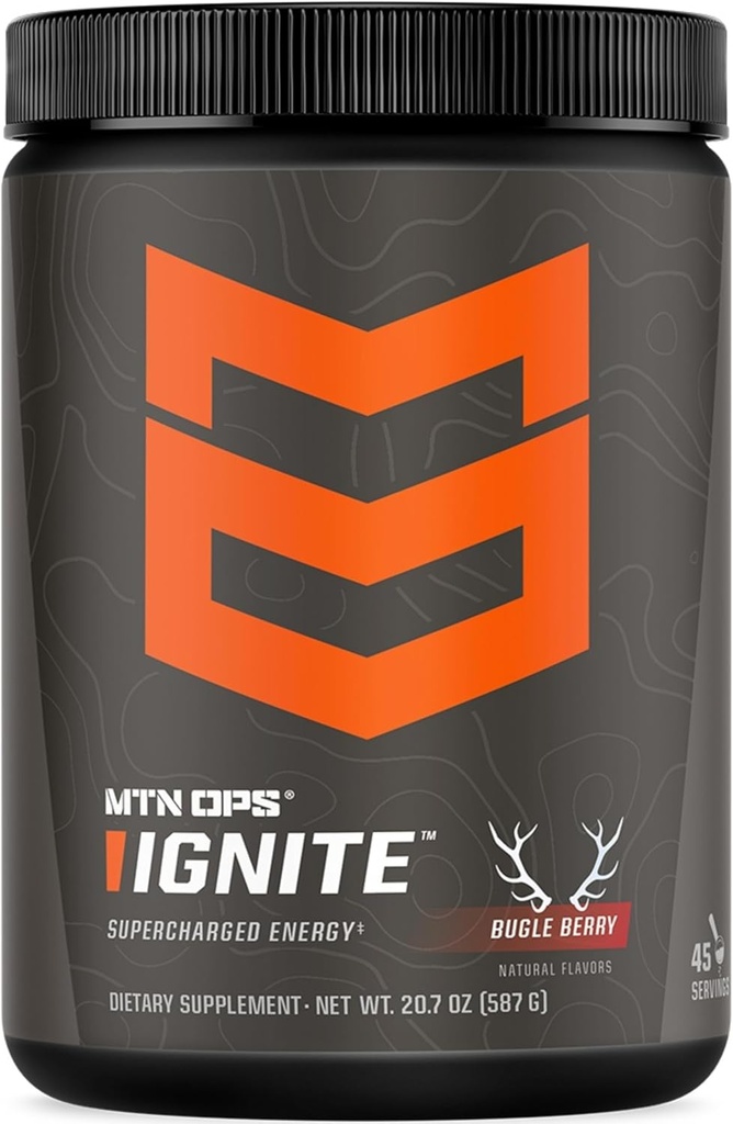 MTN OPS Ignite Energy Drink Powder, Gluten Free Nootropic Supplement Drink Mix, L Arginine, L Citrulline, Caffeine &amp; Nootropic Sugar Free Drink Mix, 45 Servings, Bugle Berry