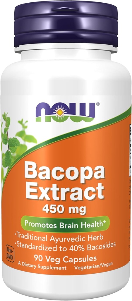 AHORA Suplementos de alimentos, extracto de bacopa (Bacopa monnieri) 450 mg, promueve la salud cerebral*, 90 cápsulas de veg