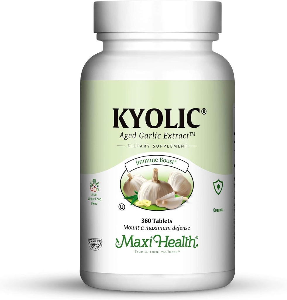 Maxi Health Kyolic Suplemento de ajo orgánico - Kosher tablas de ajo con extracto de ajo envejecido Kyolic para soporte inmunitario - píldoras de ajo vegetariano (360 conde)