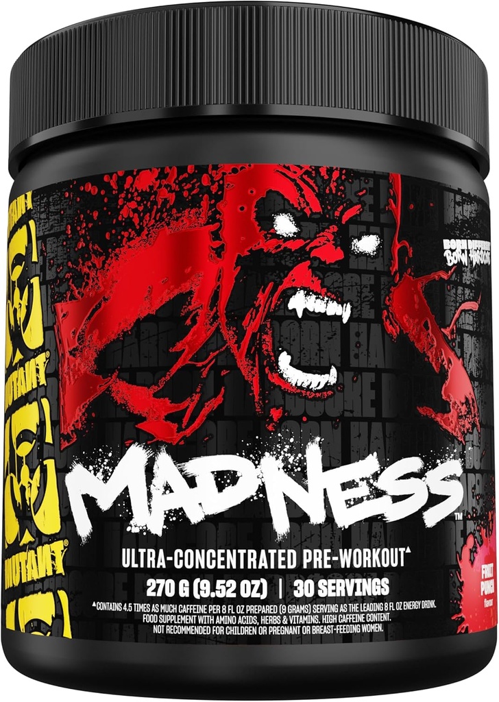 Mutant Madness ← Pre Workout Powder Performance and Pump Blend Incluye L-Citrulline, Beta-Alanine, Taurine, L-Tyrosine ← 270G (9.52 OZ) 30 Servir  durable Fruit Punch