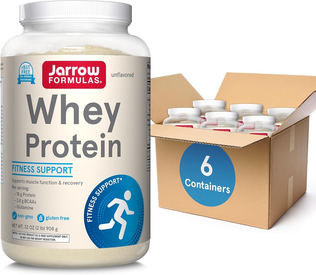 Jarrow Formulas Whey Protein With 18g of Protein, 3.8g of BCAAs, and Glutamine, Dietary Supplement for Muscle Function & Recovery Support, 32 oz Unflavored Powder, Approximately 38 Day Supply, 6 Packs