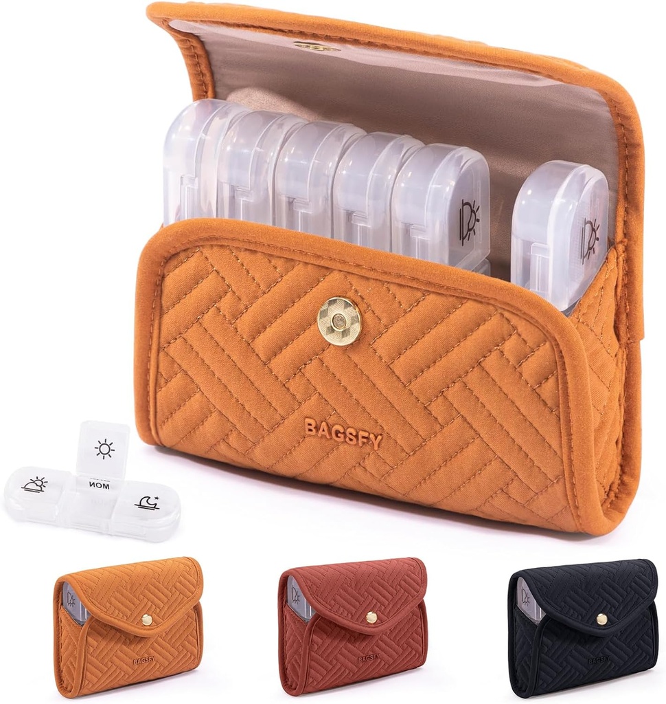 BAGSFY Organizador semanal de píldoras 3 veces al día en un lindo caso de tela, organizador de píldoras, caja de píldoras, caja de carga de viaje portátil, recipiente para medicamentos, vitaminas, aceites de pescado, suplementos