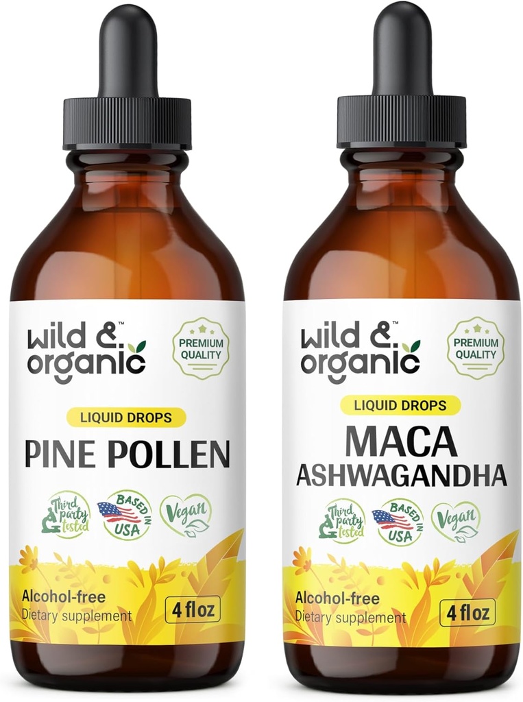 Wild &amp; Organic Pine Pollen Tincture 4 fl oz &amp; Maca Ashwagandha Tincture 4 fl oz