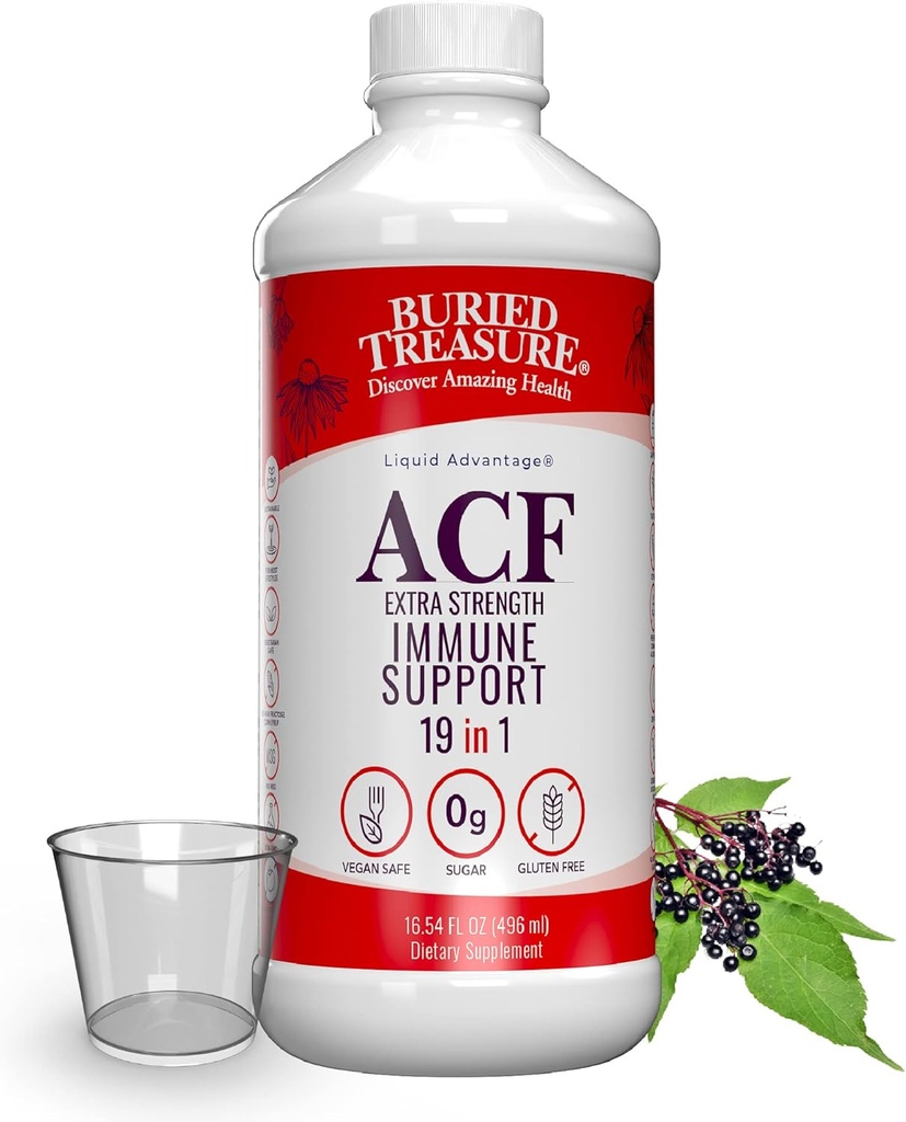 Tesoro enterrado ACF Apoyo a la Inmunidad Extra de Fuerza, 16oz. con Copa de Dosis, Vitaminas y hierbas, Suplemento Dietario de Inmunidad