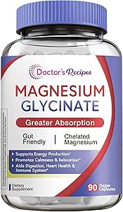 Doctor's Recipes Magnesium Glycinate Supplement, Amino Acid Chelated, Non Buffered, High Absorption, Easy on Stomach, Support Calm, Bone, Heart, Energy, Nerve, 90 Vegan Capsules