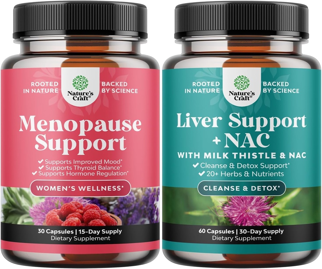 Bundle of Menopause Supplement for Hot Flashes with Dong Quai Vitex Chaste Berry " Black Cohosh and Liver Support NAC - Milk Thistle N Acetyl Cysteine with Turmeric, Choline, Dandelion " L-Glutathione