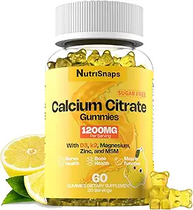 Gafas de Citrato de Calcio Gratuito de azúcar 1200 mg con vitamina D3 K2, Magnesio, Zinc, MSM para Hombres &amp; Mujeres, Hueso, Musculo, Apoyo Inmunitario, Última Absorción Suplemento de Calcio, Vegan, 60 Cuenta