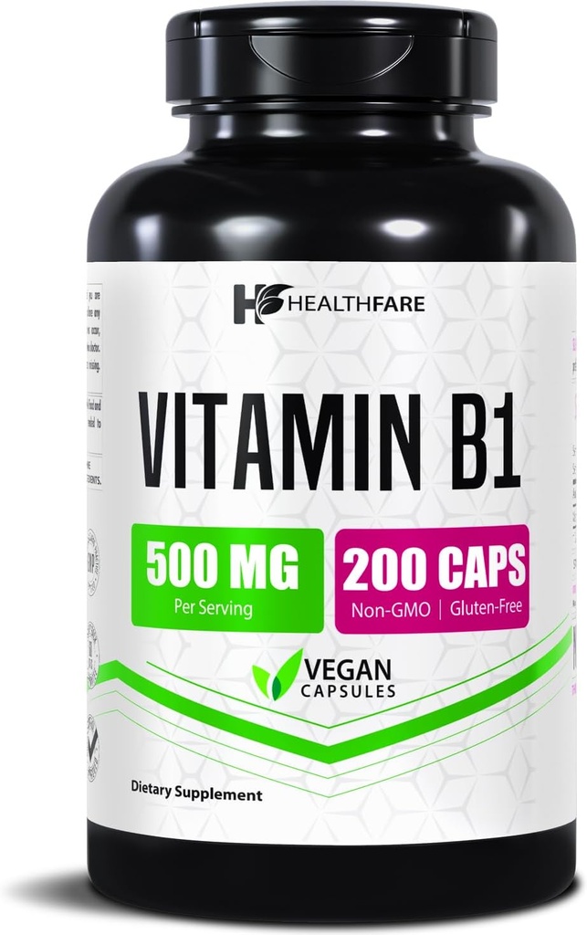Healthfare Vitamin B1 (Thiamine) 500mg ← 200 Vegan Capsules ← Extra Strength High Potency Supplement ← Apoya Energy " Nervous System ← Non-GMO, Gluten-Free Silencio Made in USA