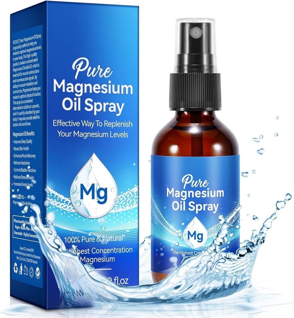 Espray de magnesio, spray de aceite de magnesio puro para pies, ingredientes orgánicos naturales en botella de vidrio, fácil de absorber y utilizar (60ML)