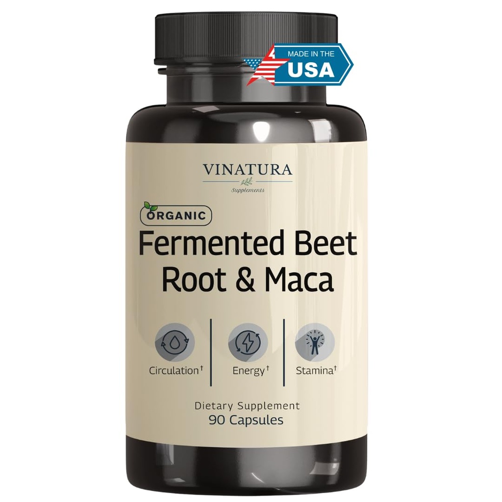 VINATURA Organic Fermented Beet Root with Maca, 1200MG - USA Made and Tested, 90 Capsules